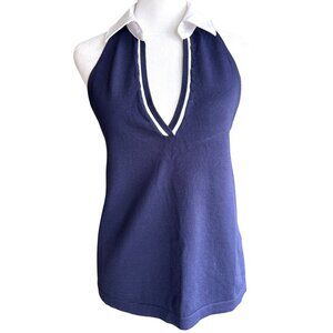 Tuckernuck Nadia Collared Halterneck‎ Polo Knit Size Small Knit Navy White NWT